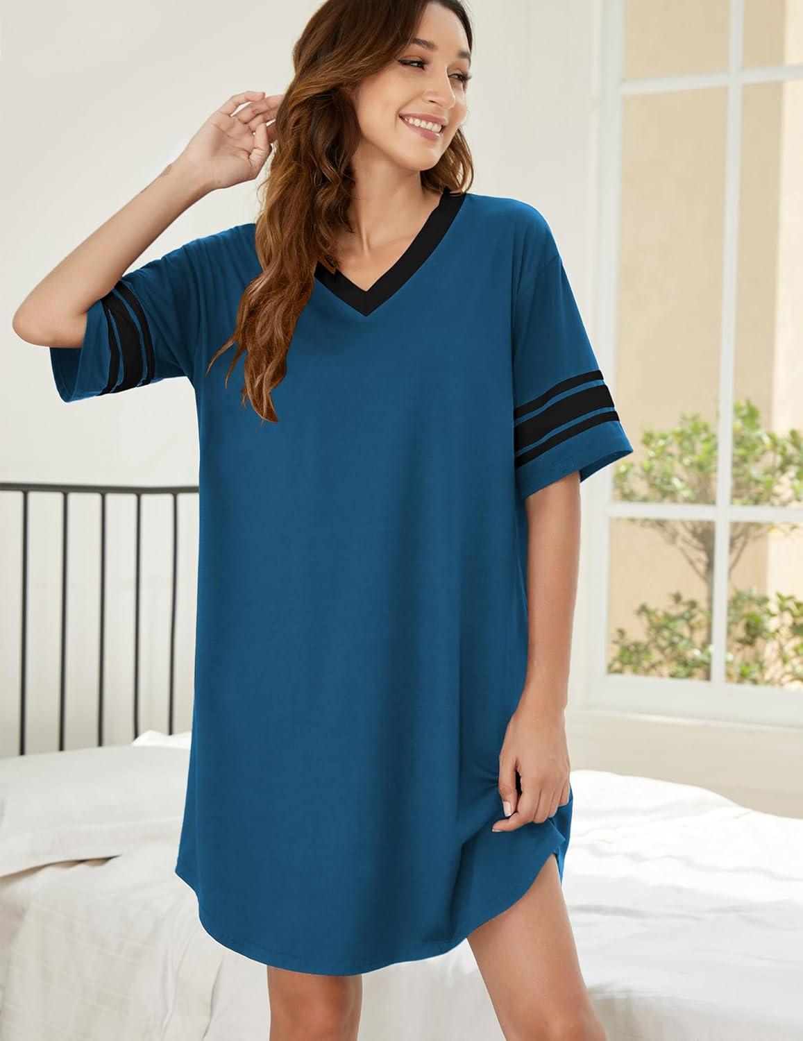 imageEkouaer Nightgowns for Women Cotton Night Gown Short Sleeve Sleepwear V Neck Color Block Sleep Shirts Ladies Night ShirtsAblue