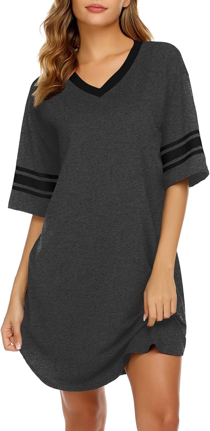imageEkouaer Nightgowns for Women Cotton Night Gown Short Sleeve Sleepwear V Neck Color Block Sleep Shirts Ladies Night ShirtsAdark Grey