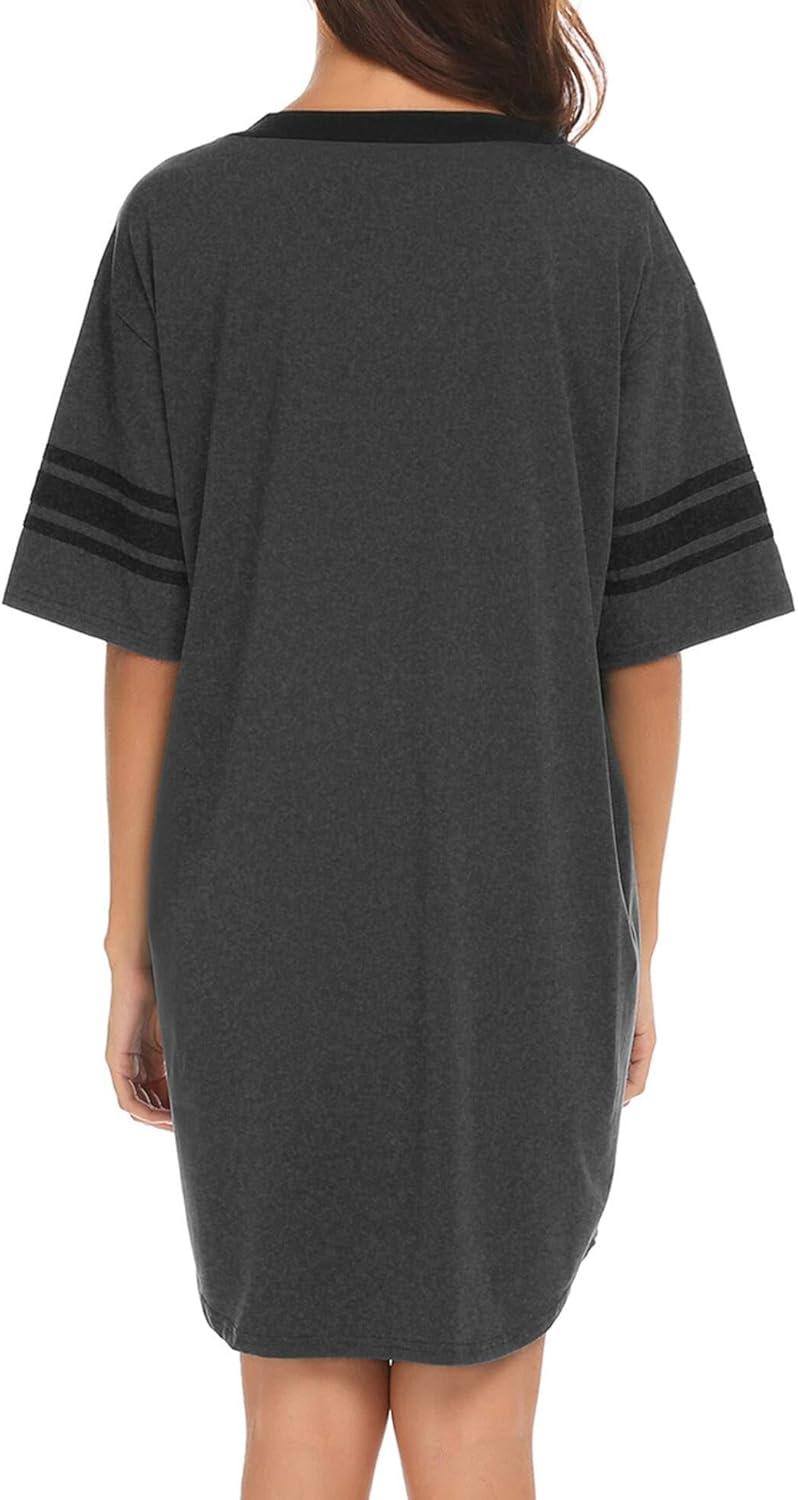 imageEkouaer Nightgowns for Women Cotton Night Gown Short Sleeve Sleepwear V Neck Color Block Sleep Shirts Ladies Night ShirtsAdark Grey