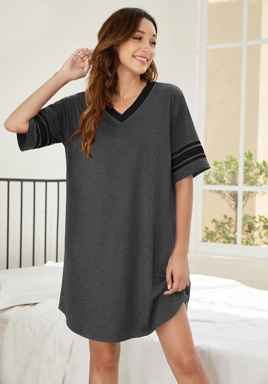 imageEkouaer Nightgowns for Women Cotton Night Gown Short Sleeve Sleepwear V Neck Color Block Sleep Shirts Ladies Night ShirtsAdark Grey