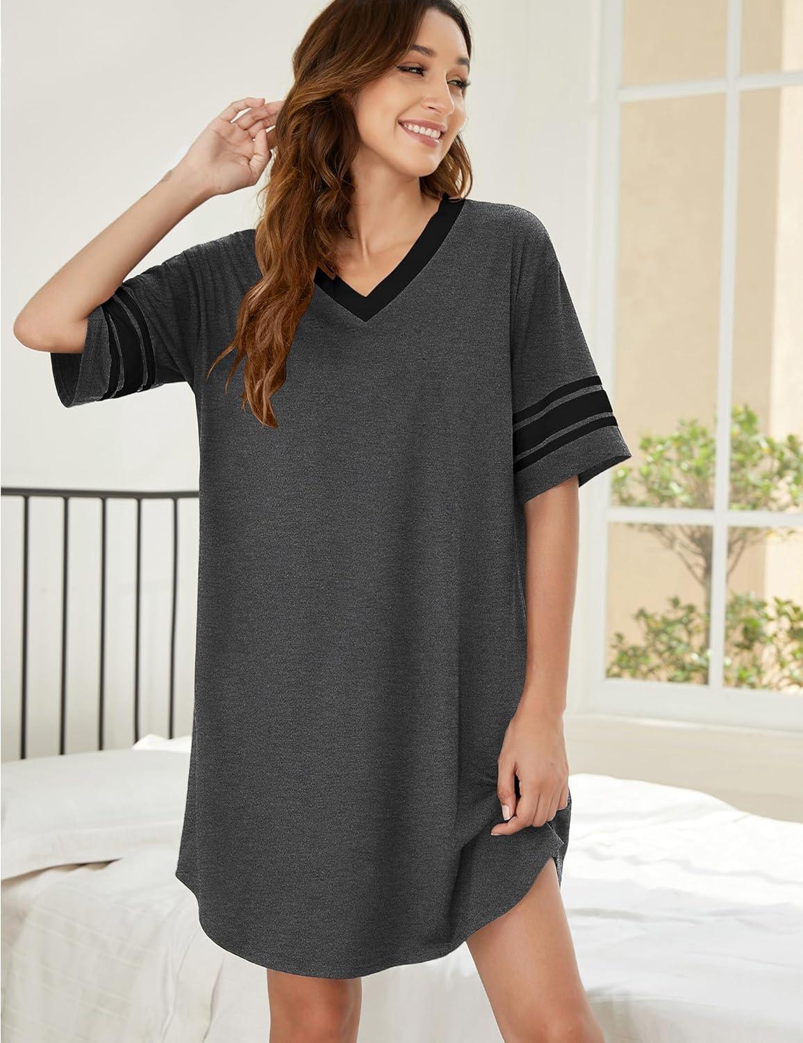 imageEkouaer Nightgowns for Women Cotton Night Gown Short Sleeve Sleepwear V Neck Color Block Sleep Shirts Ladies Night ShirtsAdark Grey