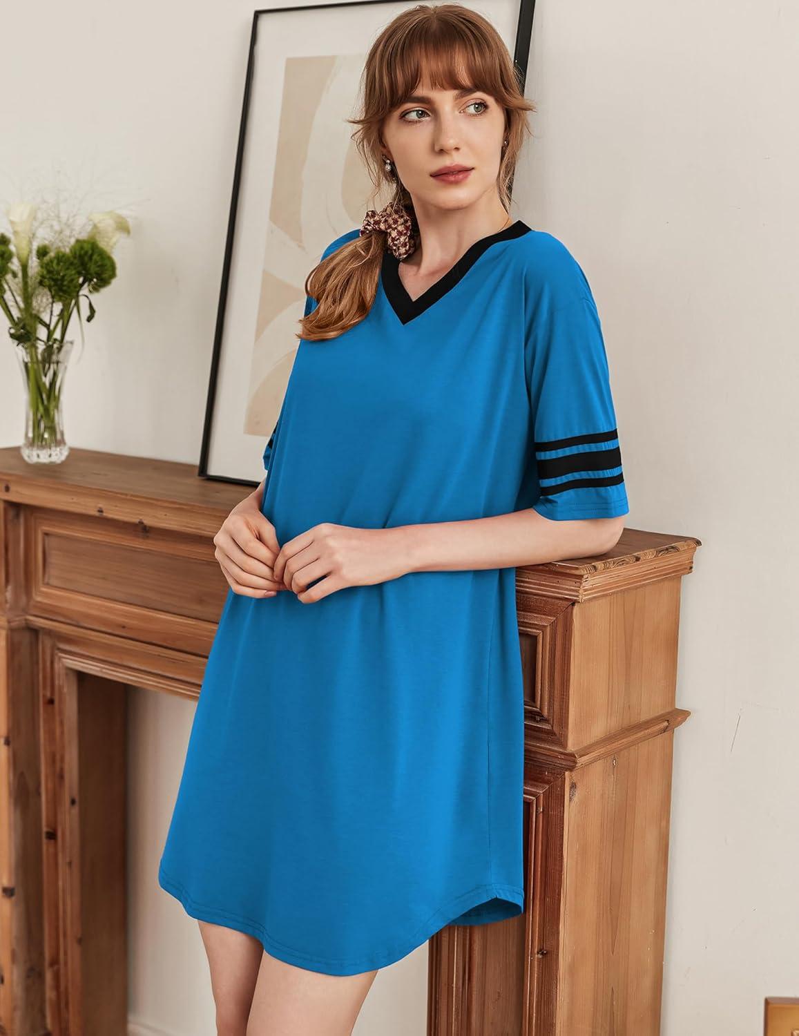 imageEkouaer Nightgowns for Women Cotton Night Gown Short Sleeve Sleepwear V Neck Color Block Sleep Shirts Ladies Night ShirtsAlight Blue