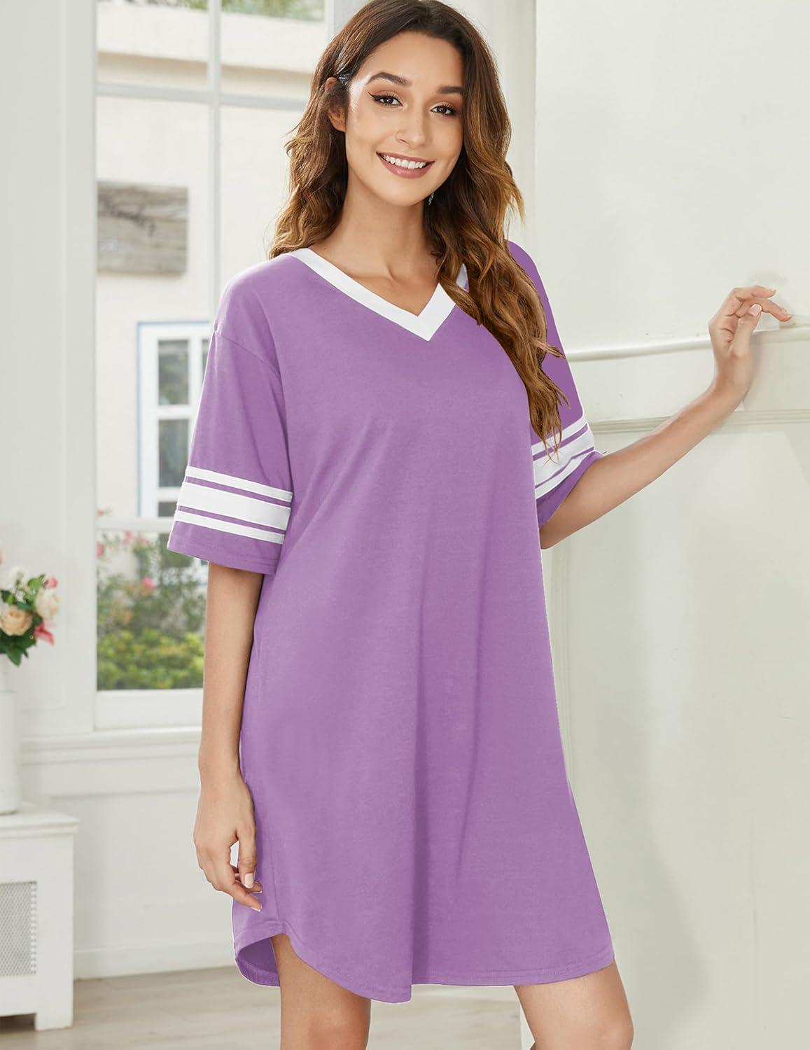 imageEkouaer Nightgowns for Women Cotton Night Gown Short Sleeve Sleepwear V Neck Color Block Sleep Shirts Ladies Night ShirtsAlilac