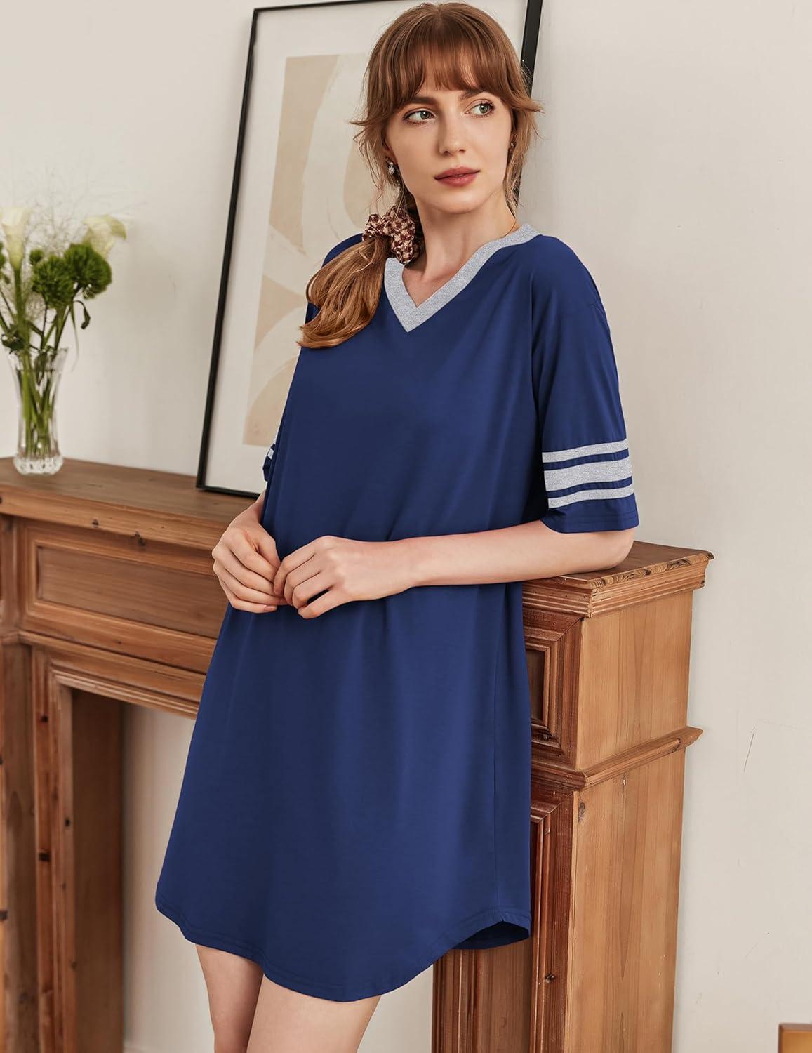 imageEkouaer Nightgowns for Women Cotton Night Gown Short Sleeve Sleepwear V Neck Color Block Sleep Shirts Ladies Night ShirtsAnavy