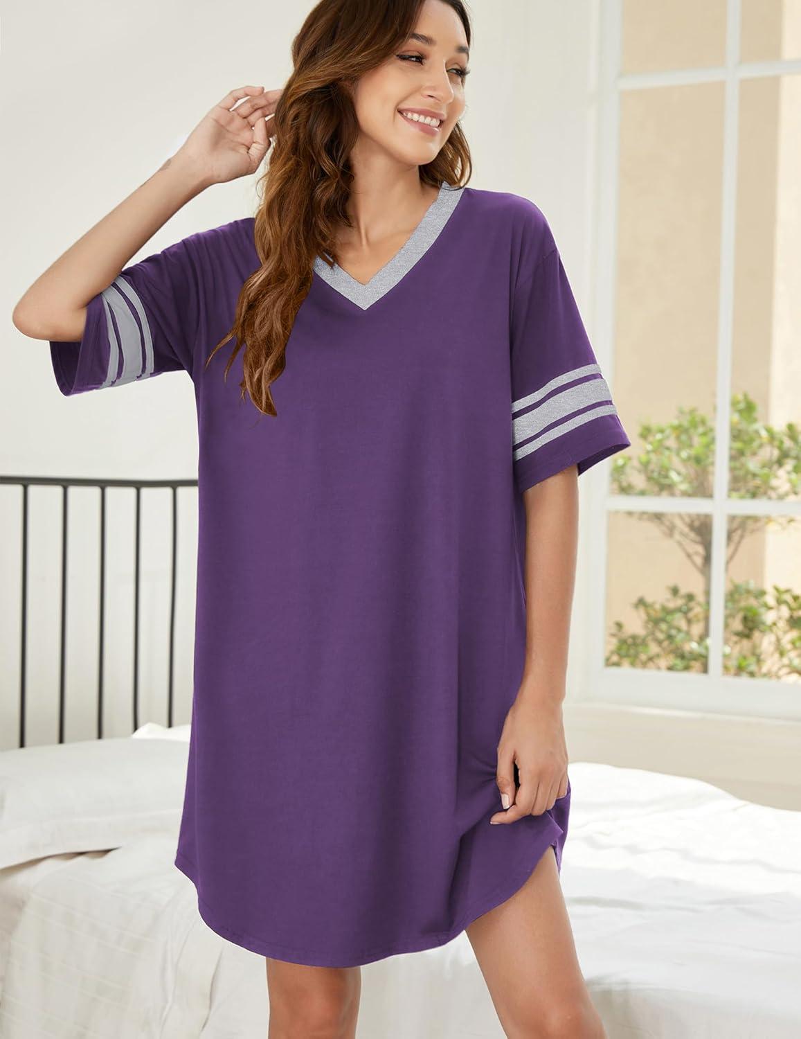 imageEkouaer Nightgowns for Women Cotton Night Gown Short Sleeve Sleepwear V Neck Color Block Sleep Shirts Ladies Night ShirtsApurple