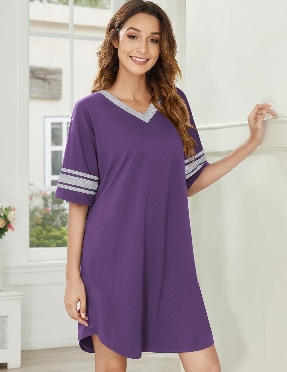 imageEkouaer Nightgowns for Women Cotton Night Gown Short Sleeve Sleepwear V Neck Color Block Sleep Shirts Ladies Night ShirtsApurple
