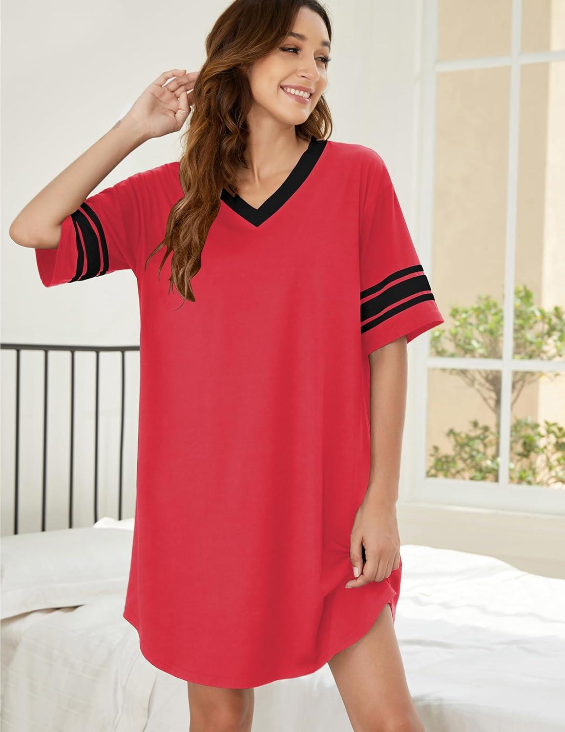 imageEkouaer Nightgowns for Women Cotton Night Gown Short Sleeve Sleepwear V Neck Color Block Sleep Shirts Ladies Night ShirtsAred