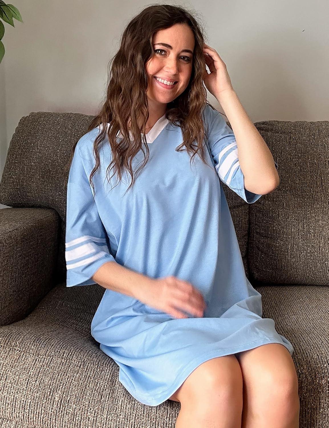 imageEkouaer Nightgowns for Women Cotton Night Gown Short Sleeve Sleepwear V Neck Color Block Sleep Shirts Ladies Night ShirtsAsky Blue
