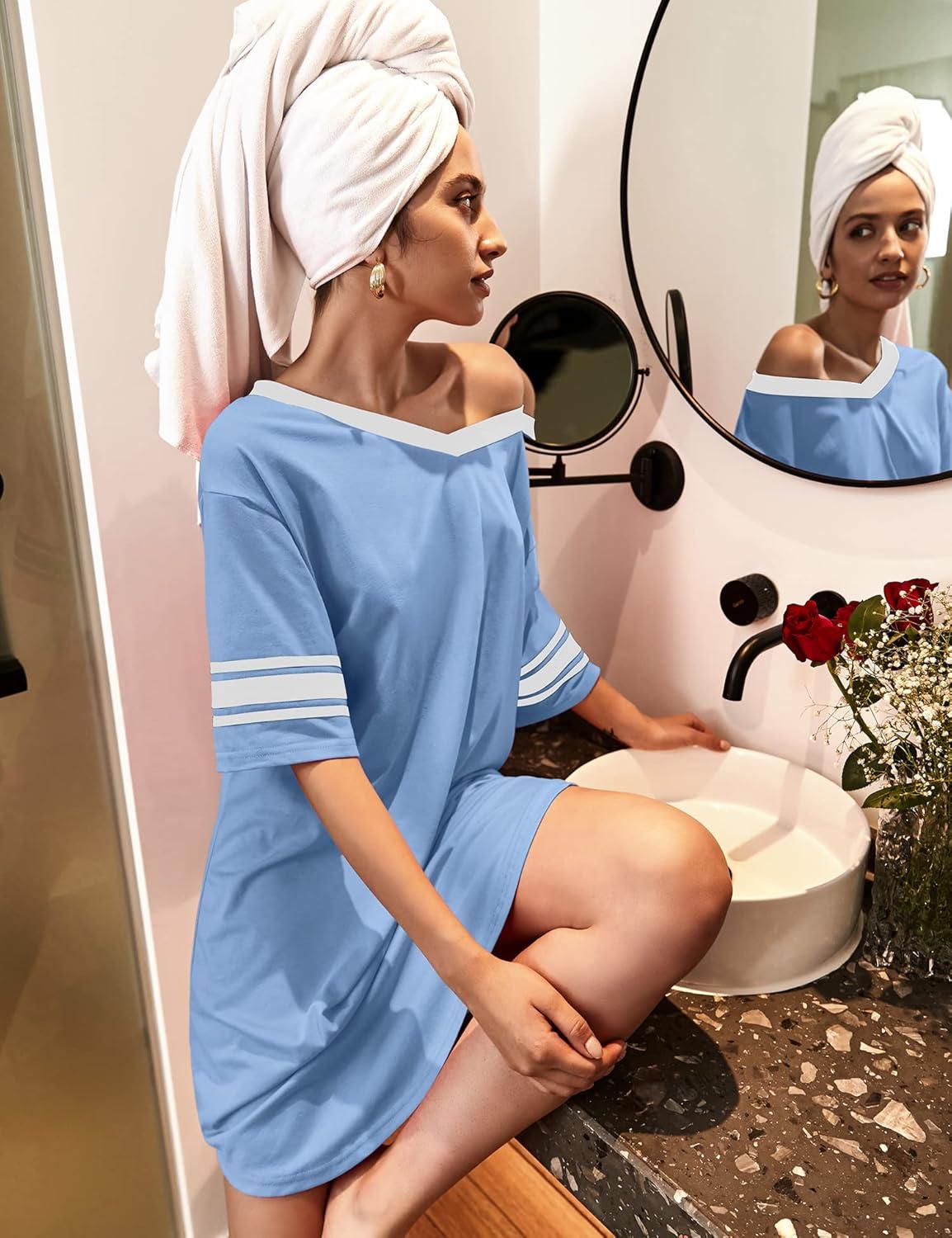 imageEkouaer Nightgowns for Women Cotton Night Gown Short Sleeve Sleepwear V Neck Color Block Sleep Shirts Ladies Night ShirtsAsky Blue