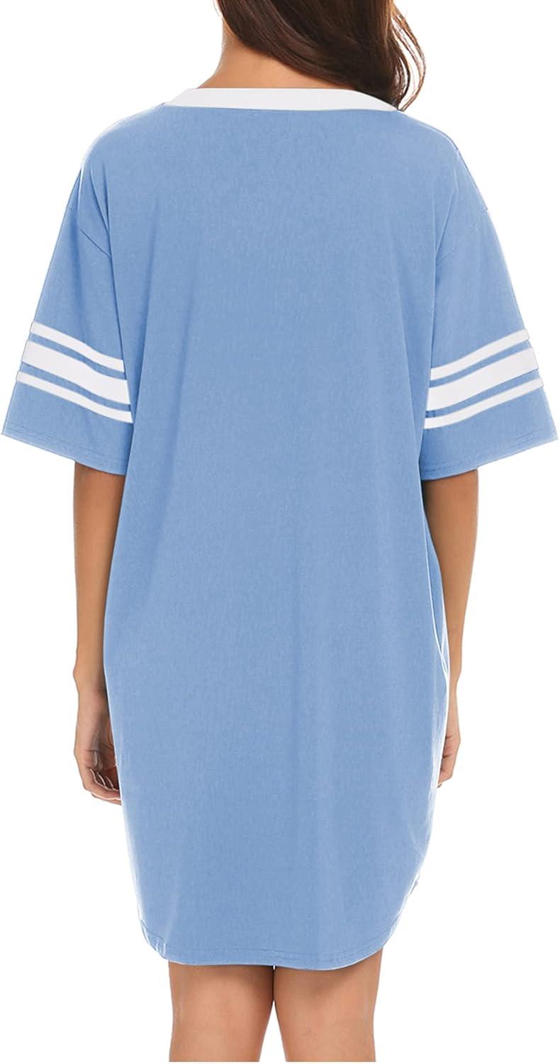 imageEkouaer Nightgowns for Women Cotton Night Gown Short Sleeve Sleepwear V Neck Color Block Sleep Shirts Ladies Night ShirtsAsky Blue