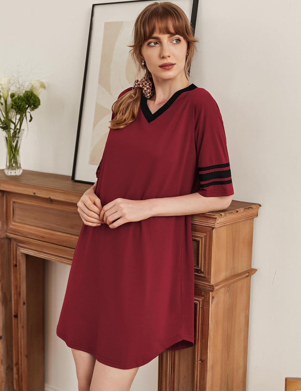 imageEkouaer Nightgowns for Women Cotton Night Gown Short Sleeve Sleepwear V Neck Color Block Sleep Shirts Ladies Night ShirtsAwine Red