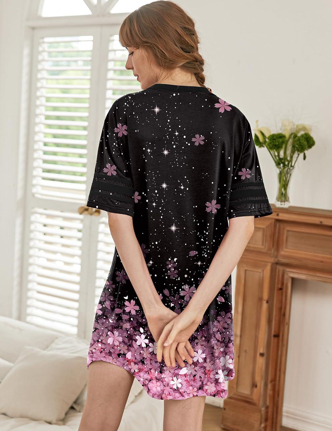 imageEkouaer Nightgowns for Women Cotton Night Gown Short Sleeve Sleepwear V Neck Color Block Sleep Shirts Ladies Night ShirtsBcherry Blossoms Black