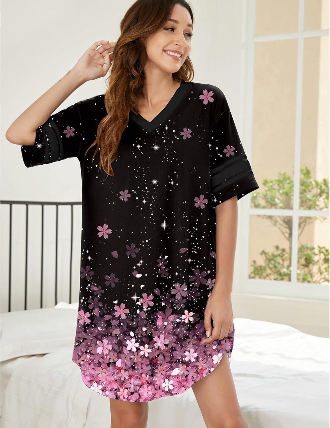 imageEkouaer Nightgowns for Women Cotton Night Gown Short Sleeve Sleepwear V Neck Color Block Sleep Shirts Ladies Night ShirtsBcherry Blossoms Black