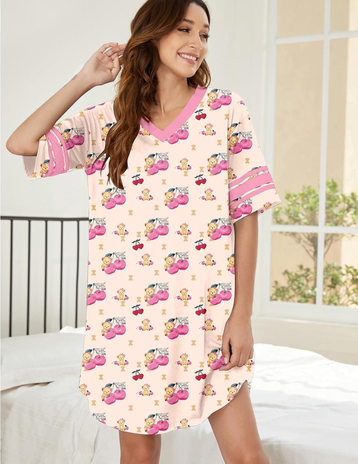 imageEkouaer Nightgowns for Women Cotton Night Gown Short Sleeve Sleepwear V Neck Color Block Sleep Shirts Ladies Night ShirtsBteddy