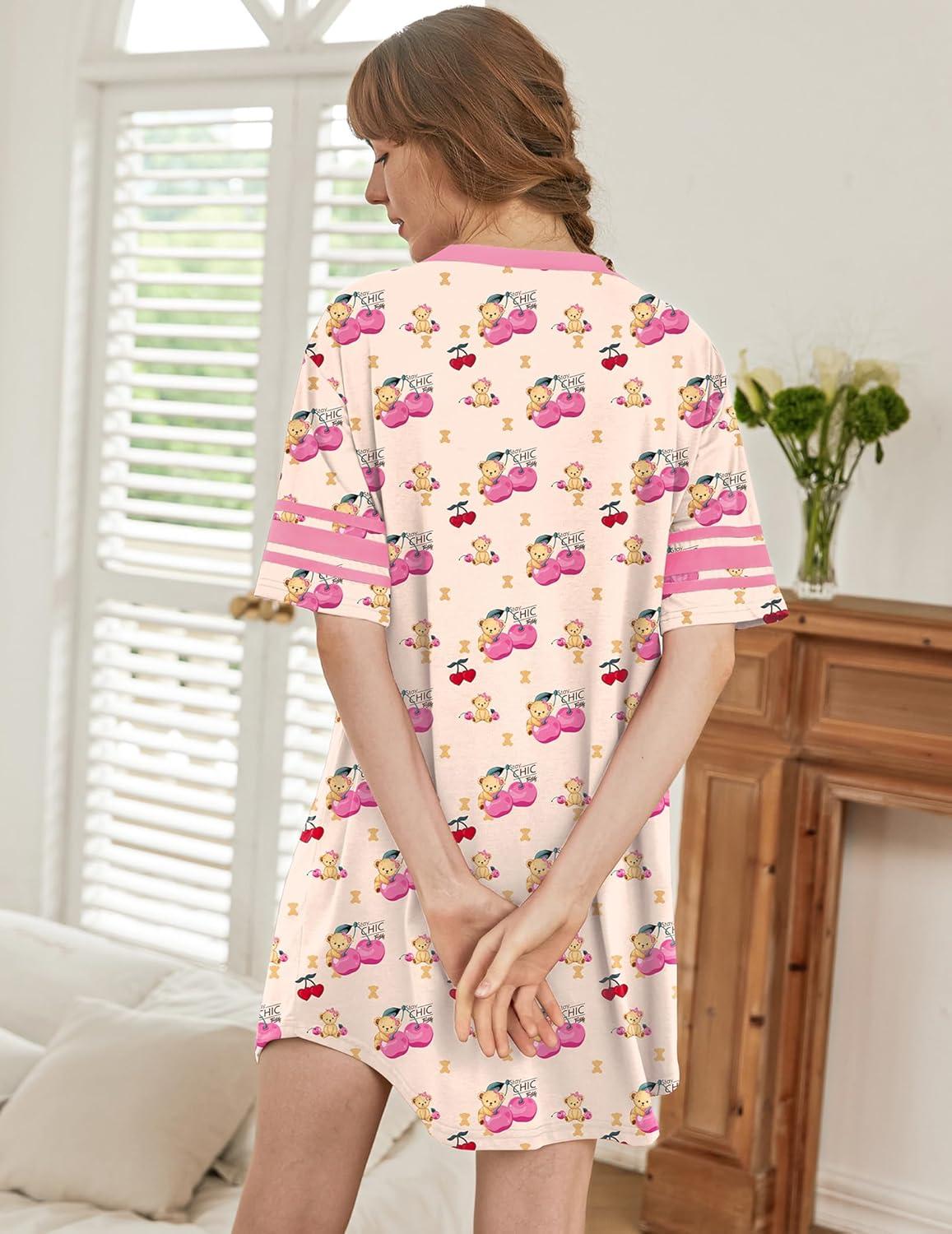 imageEkouaer Nightgowns for Women Cotton Night Gown Short Sleeve Sleepwear V Neck Color Block Sleep Shirts Ladies Night ShirtsBteddy