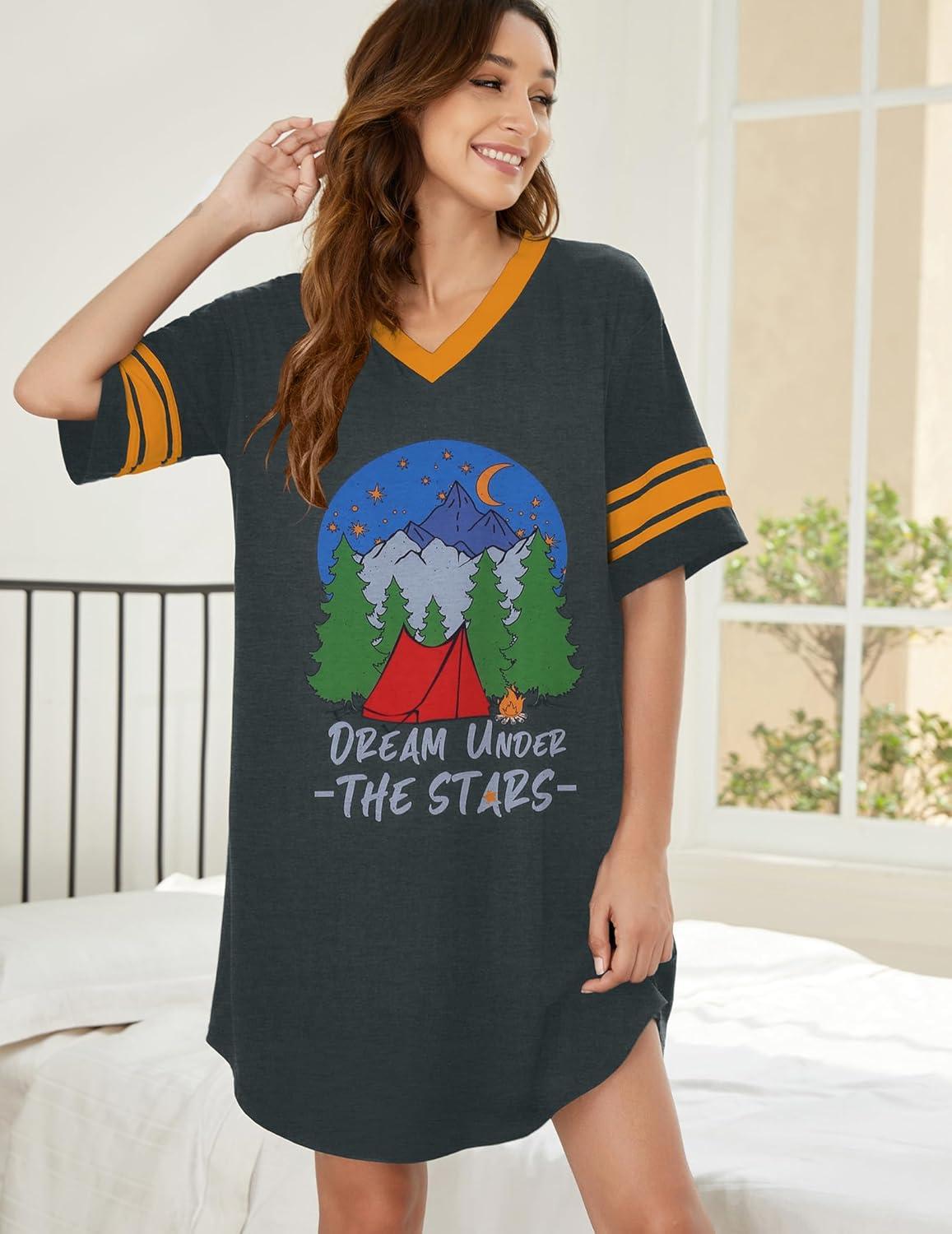 imageEkouaer Nightgowns for Women Cotton Night Gown Short Sleeve Sleepwear V Neck Color Block Sleep Shirts Ladies Night ShirtsCdream Grey