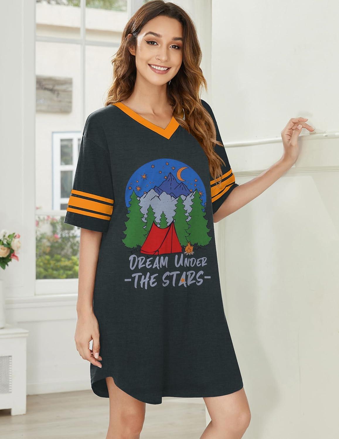 imageEkouaer Nightgowns for Women Cotton Night Gown Short Sleeve Sleepwear V Neck Color Block Sleep Shirts Ladies Night ShirtsCdream Grey