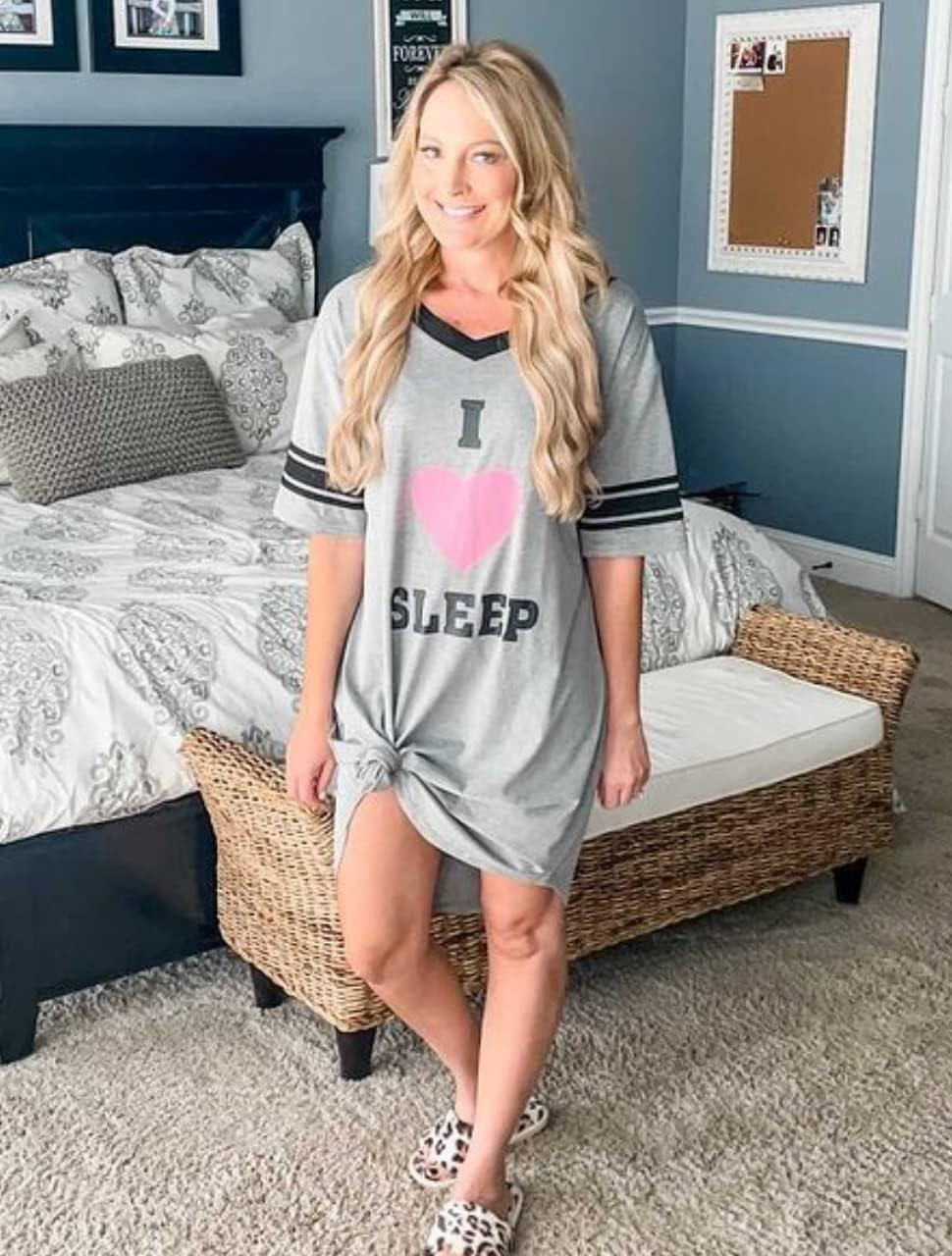 imageEkouaer Nightgowns for Women Cotton Night Gown Short Sleeve Sleepwear V Neck Color Block Sleep Shirts Ladies Night ShirtsCi Love Sleep Grey