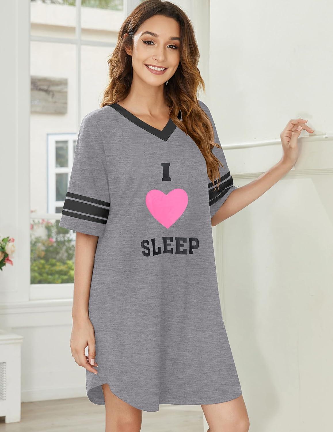 imageEkouaer Nightgowns for Women Cotton Night Gown Short Sleeve Sleepwear V Neck Color Block Sleep Shirts Ladies Night ShirtsCi Love Sleep Grey