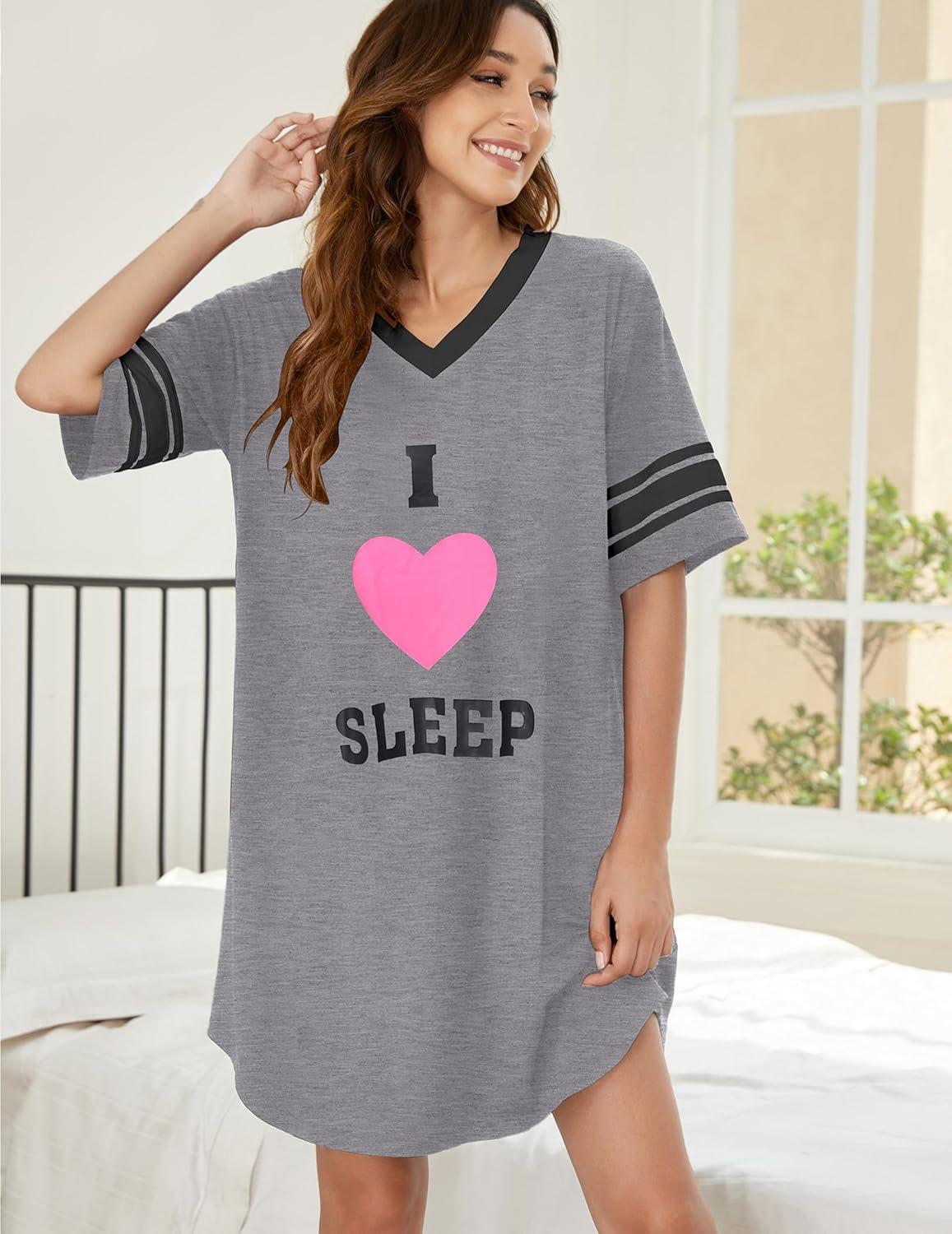 imageEkouaer Nightgowns for Women Cotton Night Gown Short Sleeve Sleepwear V Neck Color Block Sleep Shirts Ladies Night ShirtsCi Love Sleep Grey