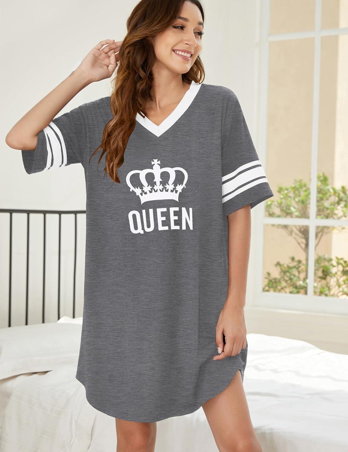 imageEkouaer Nightgowns for Women Cotton Night Gown Short Sleeve Sleepwear V Neck Color Block Sleep Shirts Ladies Night ShirtsCqueen Grey