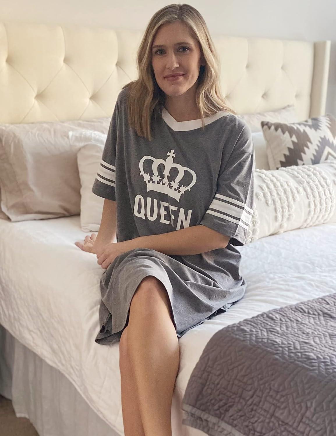 imageEkouaer Nightgowns for Women Cotton Night Gown Short Sleeve Sleepwear V Neck Color Block Sleep Shirts Ladies Night ShirtsCqueen Grey