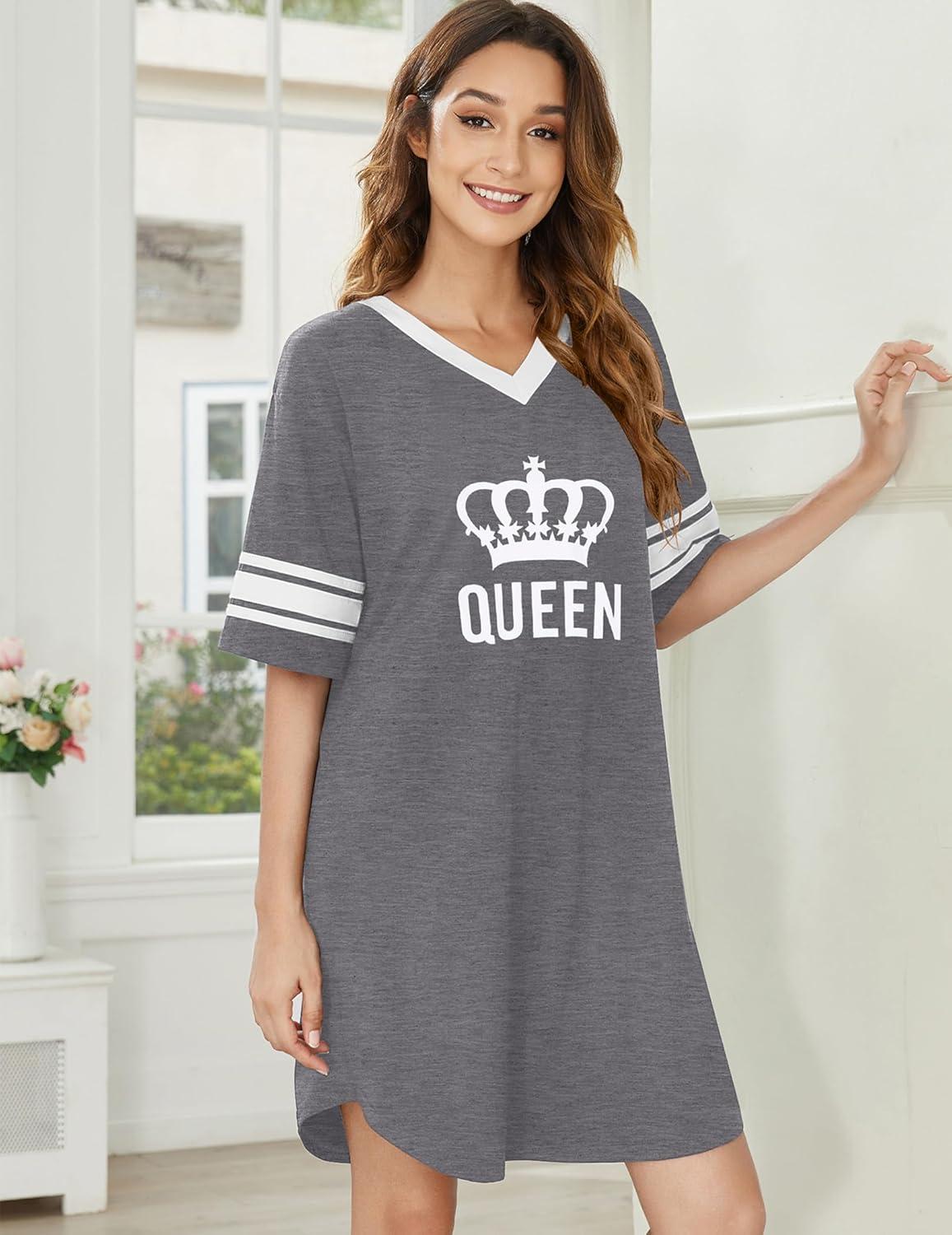 imageEkouaer Nightgowns for Women Cotton Night Gown Short Sleeve Sleepwear V Neck Color Block Sleep Shirts Ladies Night ShirtsCqueen Grey