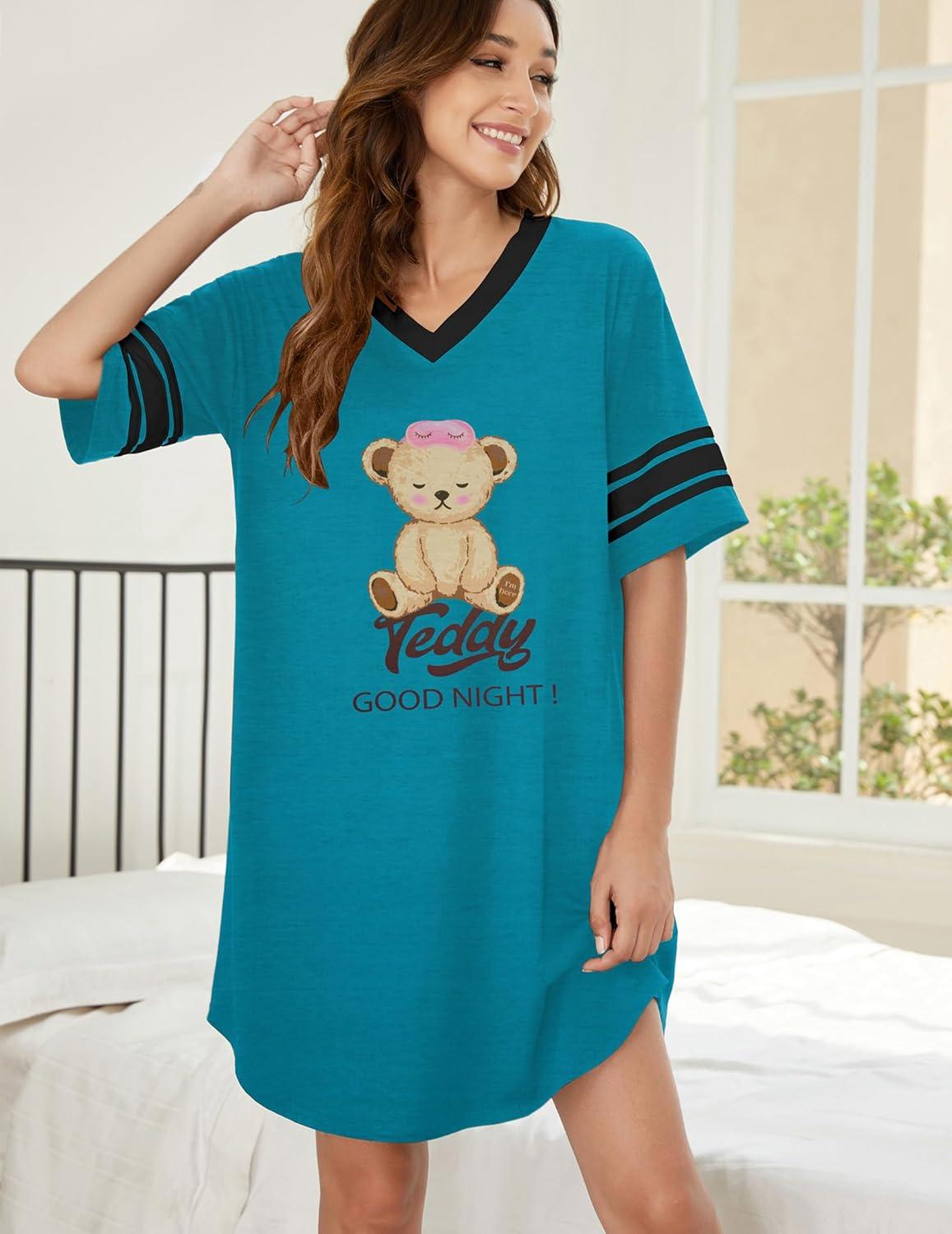 imageEkouaer Nightgowns for Women Cotton Night Gown Short Sleeve Sleepwear V Neck Color Block Sleep Shirts Ladies Night ShirtsCteddy Blue