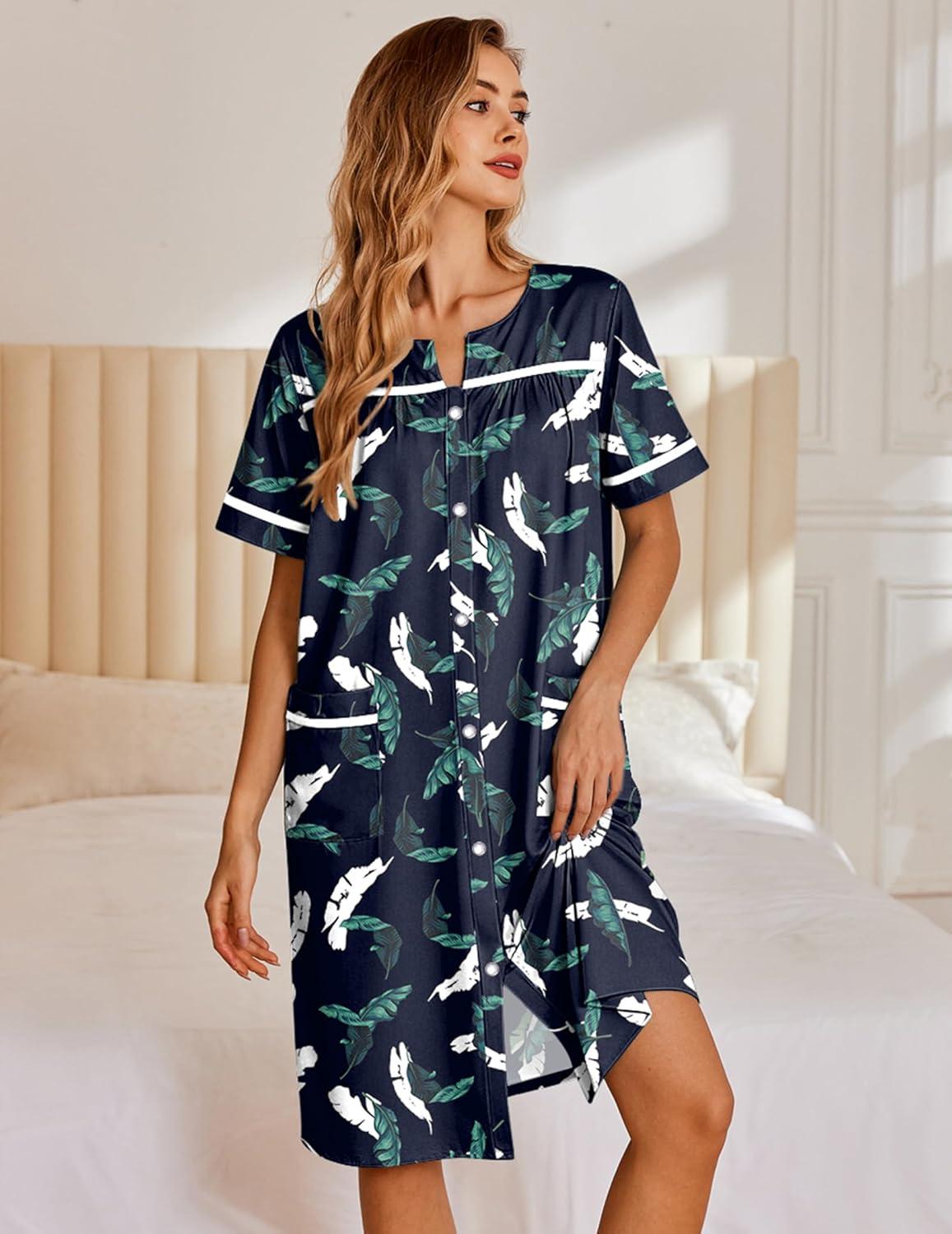 imageEkouaer Nightgowns for Women House Dress with Pockets Snap Front House Coat Short Sleeve Duster Moo Moos Sleepwear S3XLNavy Hawaiian Leaves
