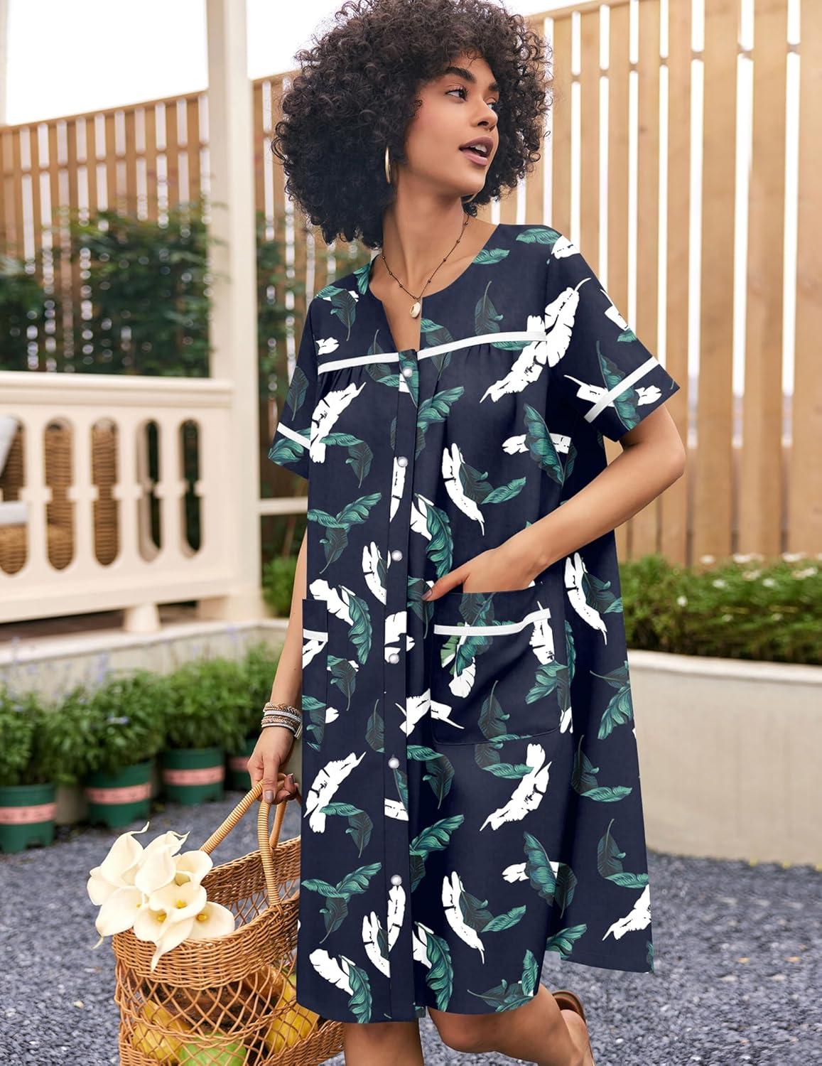 imageEkouaer Nightgowns for Women House Dress with Pockets Snap Front House Coat Short Sleeve Duster Moo Moos Sleepwear S3XLNavy Hawaiian Leaves