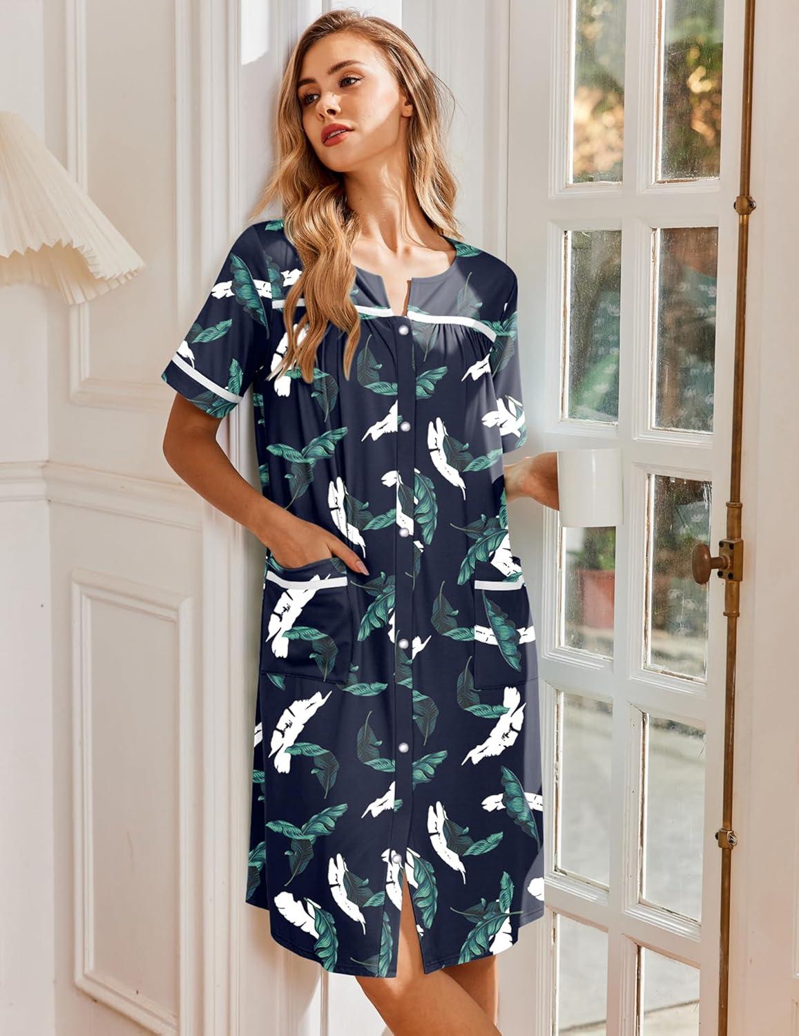 imageEkouaer Nightgowns for Women House Dress with Pockets Snap Front House Coat Short Sleeve Duster Moo Moos Sleepwear S3XLNavy Hawaiian Leaves