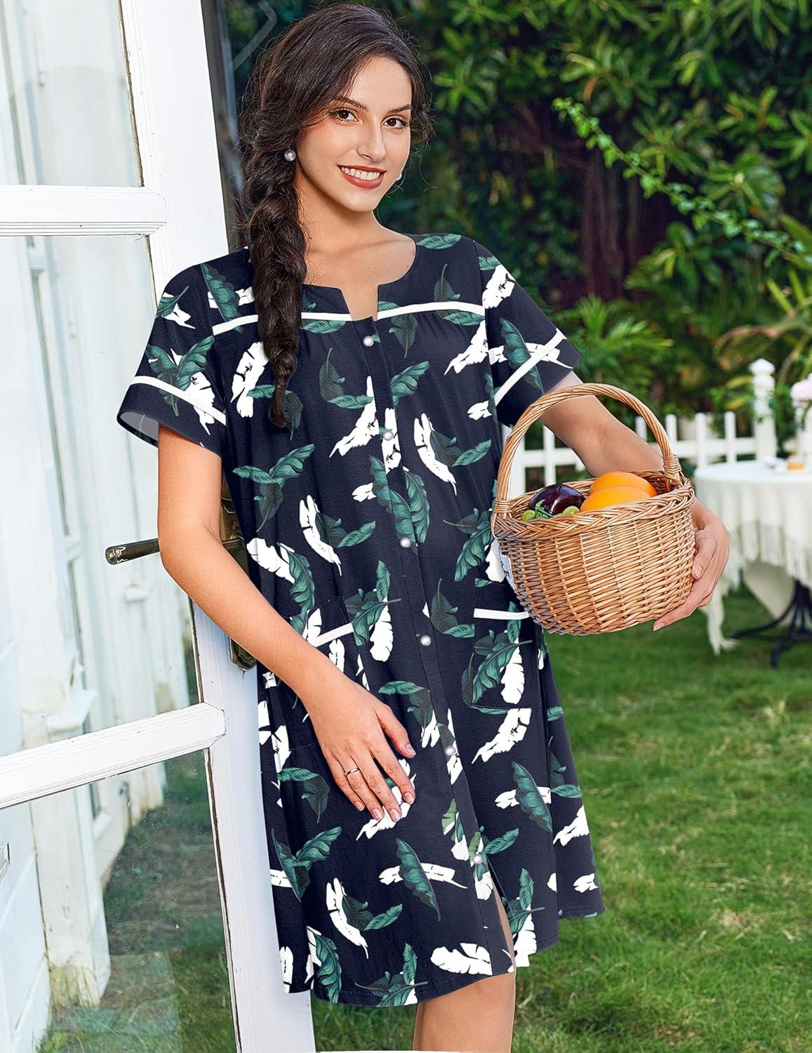 imageEkouaer Nightgowns for Women House Dress with Pockets Snap Front House Coat Short Sleeve Duster Moo Moos Sleepwear S3XLNavy Hawaiian Leaves