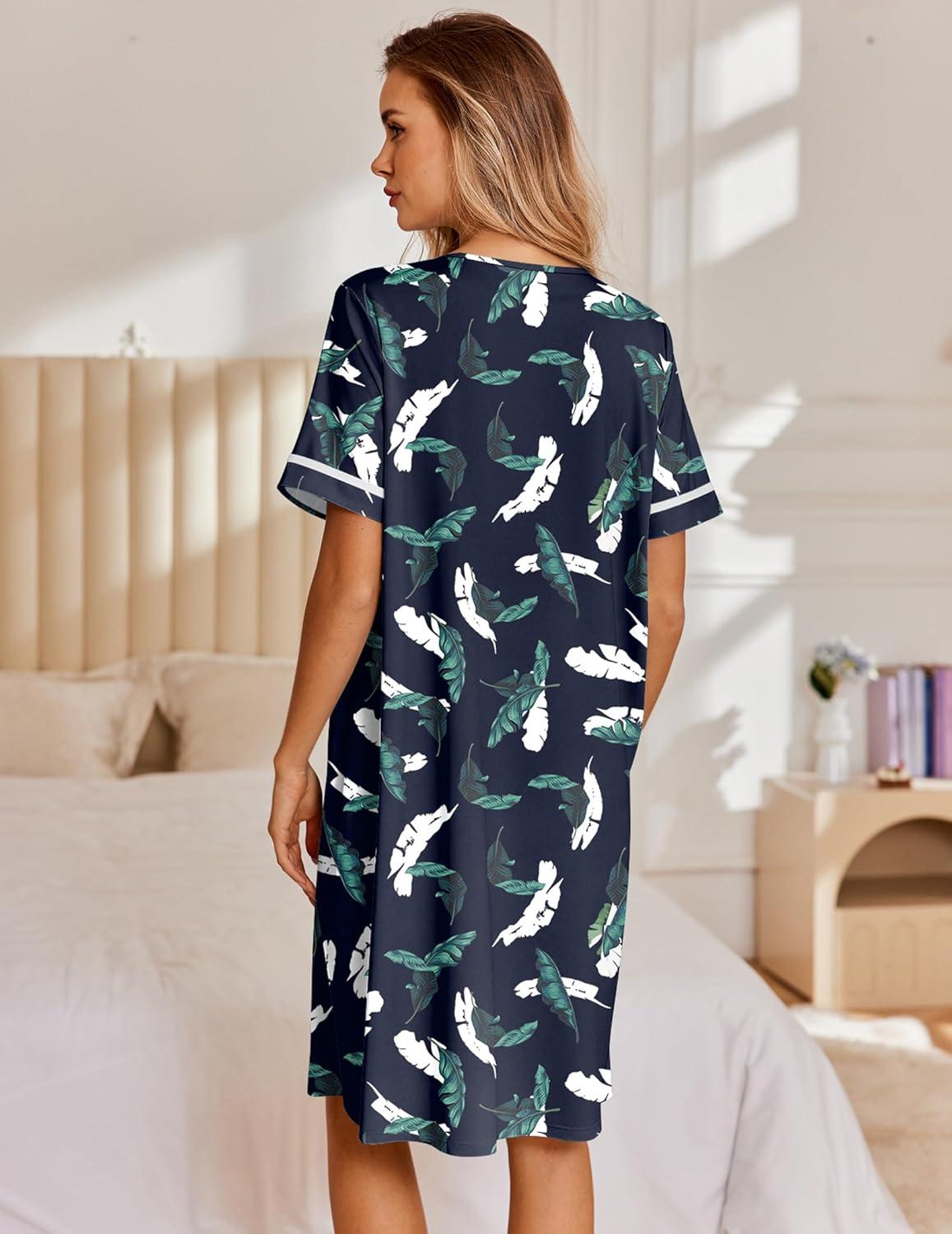 imageEkouaer Nightgowns for Women House Dress with Pockets Snap Front House Coat Short Sleeve Duster Moo Moos Sleepwear S3XLNavy Hawaiian Leaves