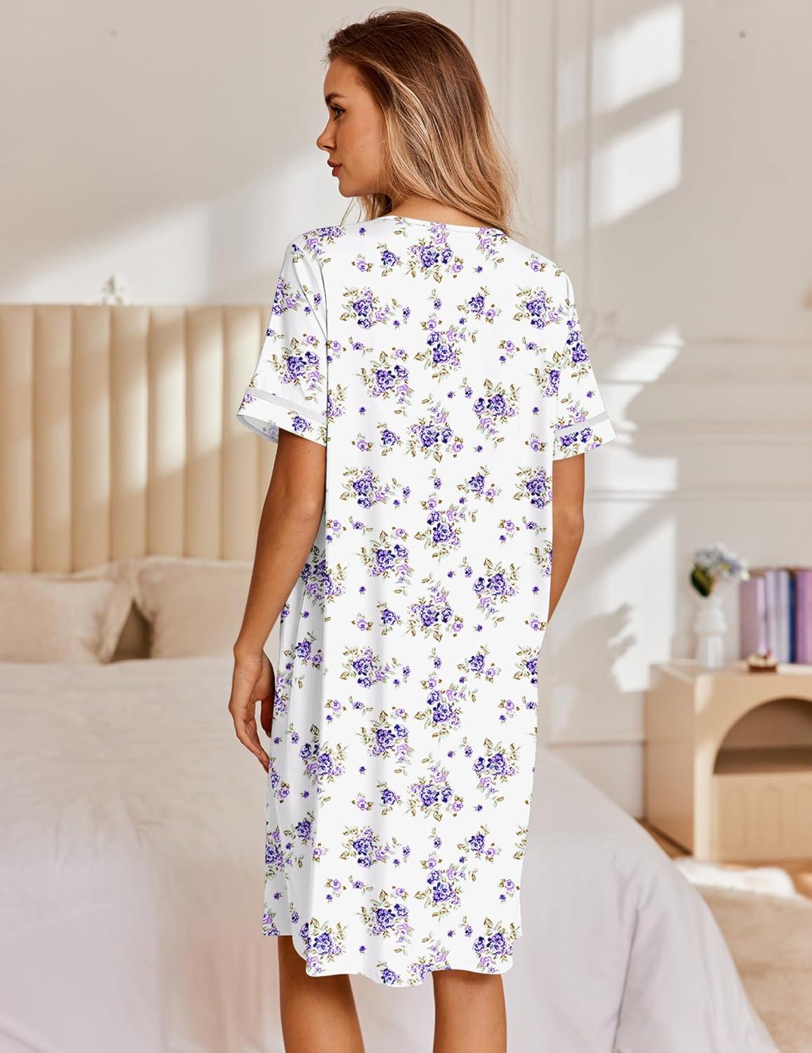 imageEkouaer Nightgowns for Women House Dress with Pockets Snap Front House Coat Short Sleeve Duster Moo Moos Sleepwear S3XLWhite Purple Florals