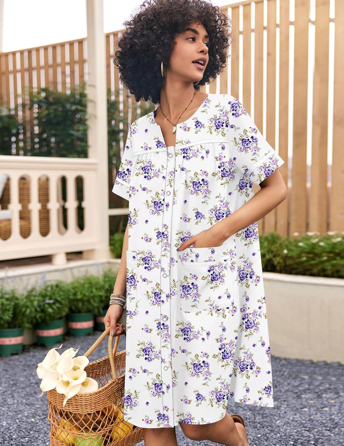 imageEkouaer Nightgowns for Women House Dress with Pockets Snap Front House Coat Short Sleeve Duster Moo Moos Sleepwear S3XLWhite Purple Florals
