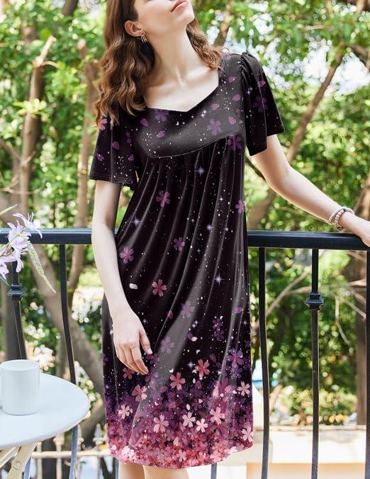 imageEkouaer Womens House Dress Pleated Nightgown with Short Sleeves amp PocketsBlack Sakura