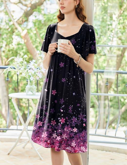 imageEkouaer Womens House Dress Pleated Nightgown with Short Sleeves amp PocketsBlack Sakura