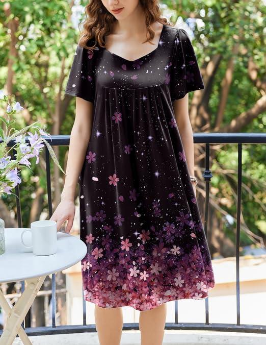 imageEkouaer Womens House Dress Pleated Nightgown with Short Sleeves amp PocketsBlack Sakura