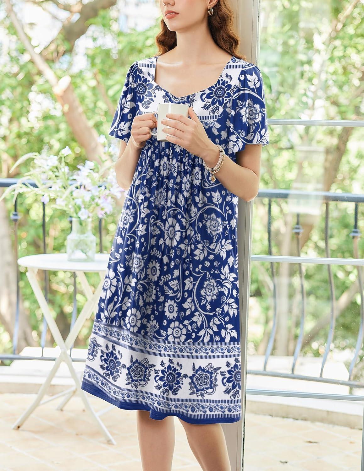 imageEkouaer Womens House Dress Pleated Nightgown with Short Sleeves amp PocketsBlue Bohemian Flowers