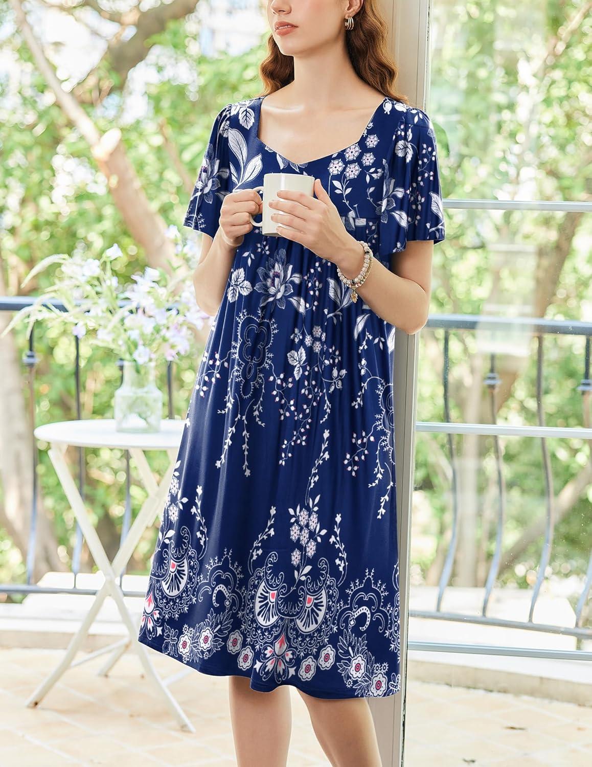 imageEkouaer Womens House Dress Pleated Nightgown with Short Sleeves amp PocketsBlue Ethnic Style