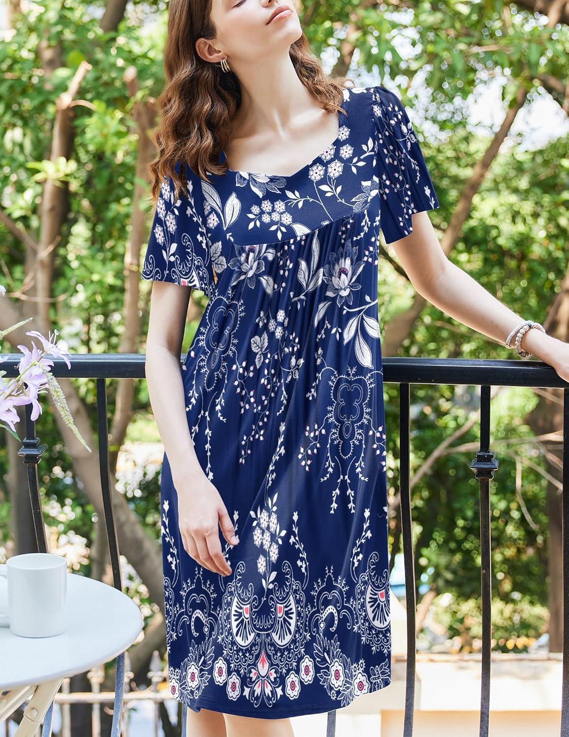 imageEkouaer Womens House Dress Pleated Nightgown with Short Sleeves amp PocketsBlue Ethnic Style