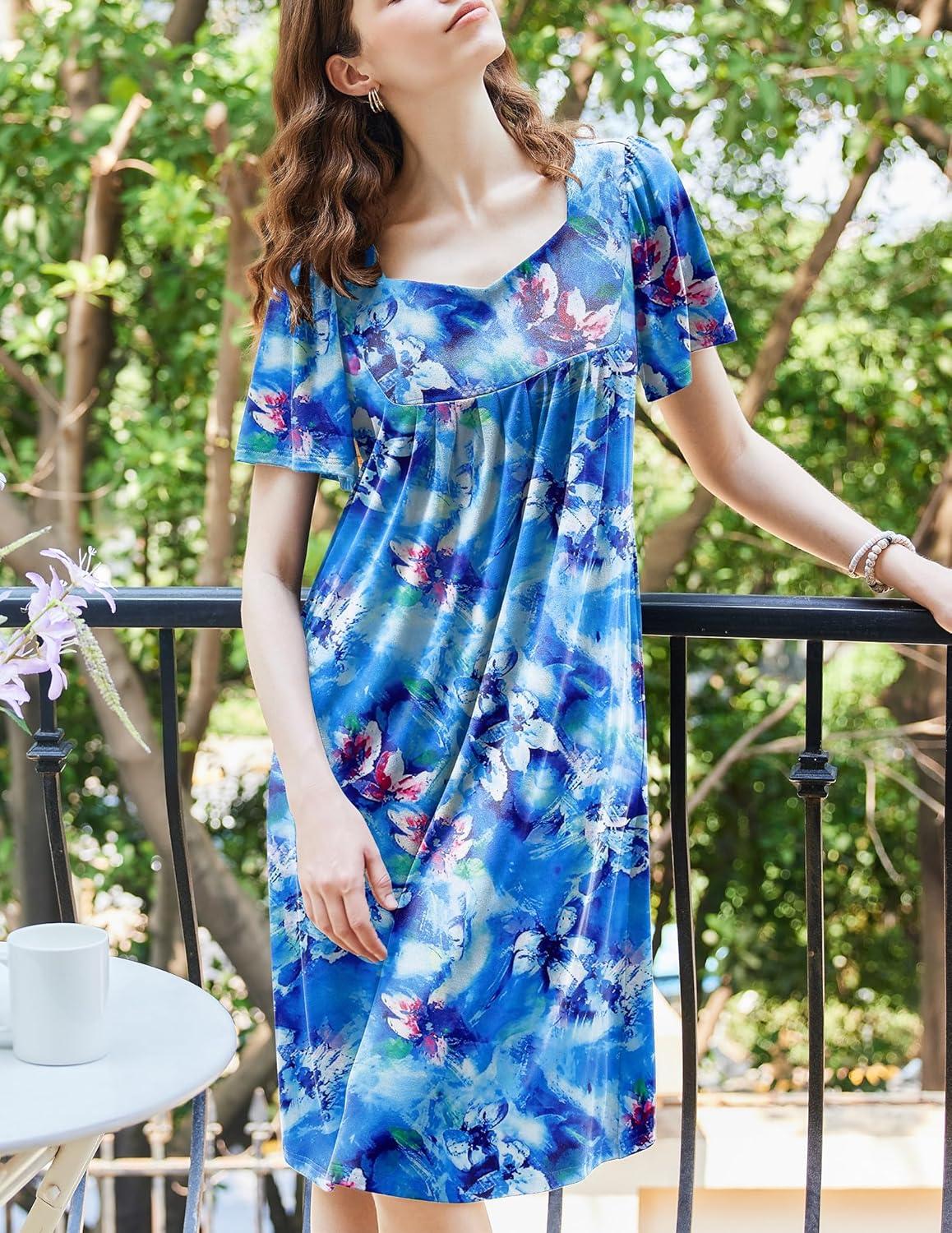 imageEkouaer Womens House Dress Pleated Nightgown with Short Sleeves amp PocketsBlue Multi Flowers