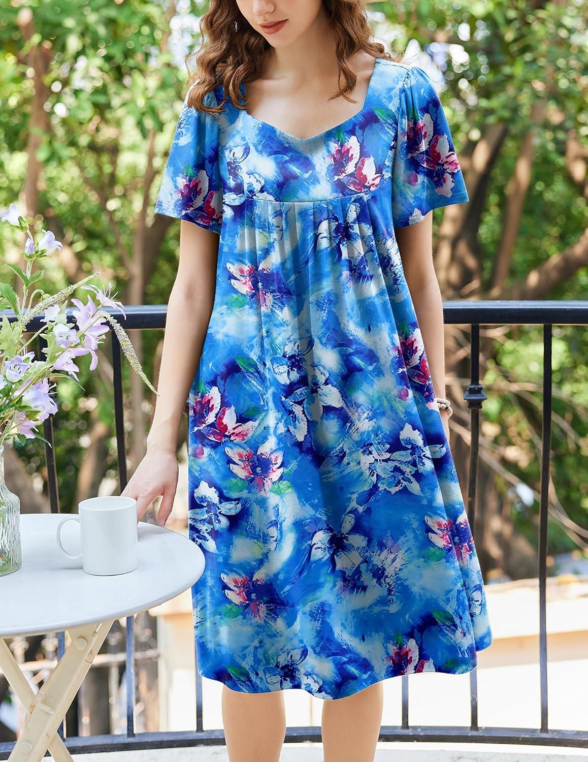 imageEkouaer Womens House Dress Pleated Nightgown with Short Sleeves amp PocketsBlue Multi Flowers