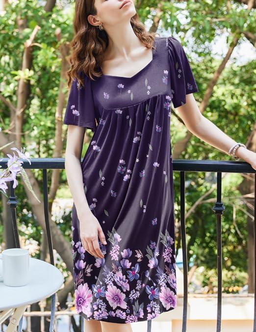 imageEkouaer Womens House Dress Pleated Nightgown with Short Sleeves amp PocketsPurple Positioning Flower