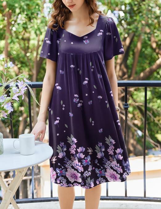 imageEkouaer Womens House Dress Pleated Nightgown with Short Sleeves amp PocketsPurple Positioning Flower