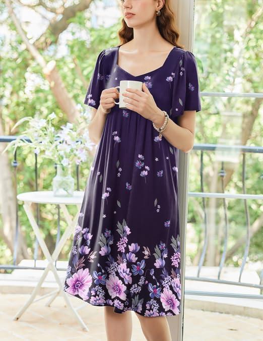 imageEkouaer Womens House Dress Pleated Nightgown with Short Sleeves amp PocketsPurple Positioning Flower