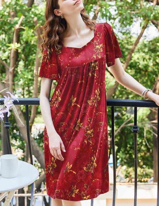 imageEkouaer Womens House Dress Pleated Nightgown with Short Sleeves amp PocketsRed Ethnic Style