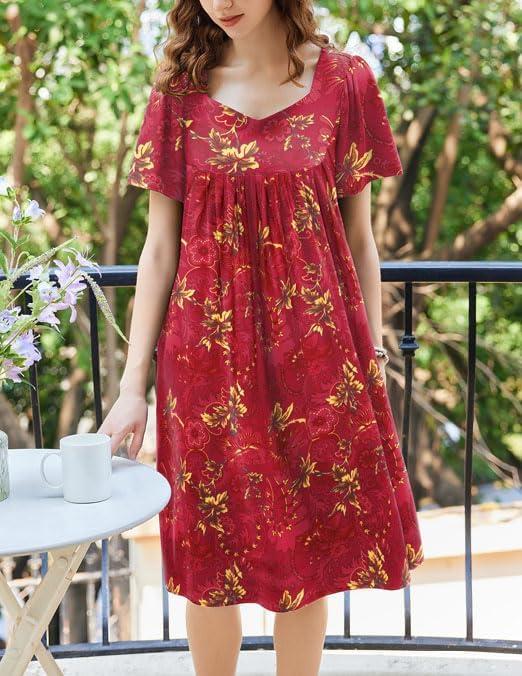 imageEkouaer Womens House Dress Pleated Nightgown with Short Sleeves amp PocketsRed Ethnic Style