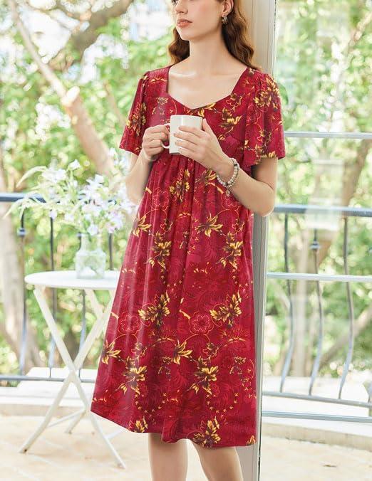 imageEkouaer Womens House Dress Pleated Nightgown with Short Sleeves amp PocketsRed Ethnic Style