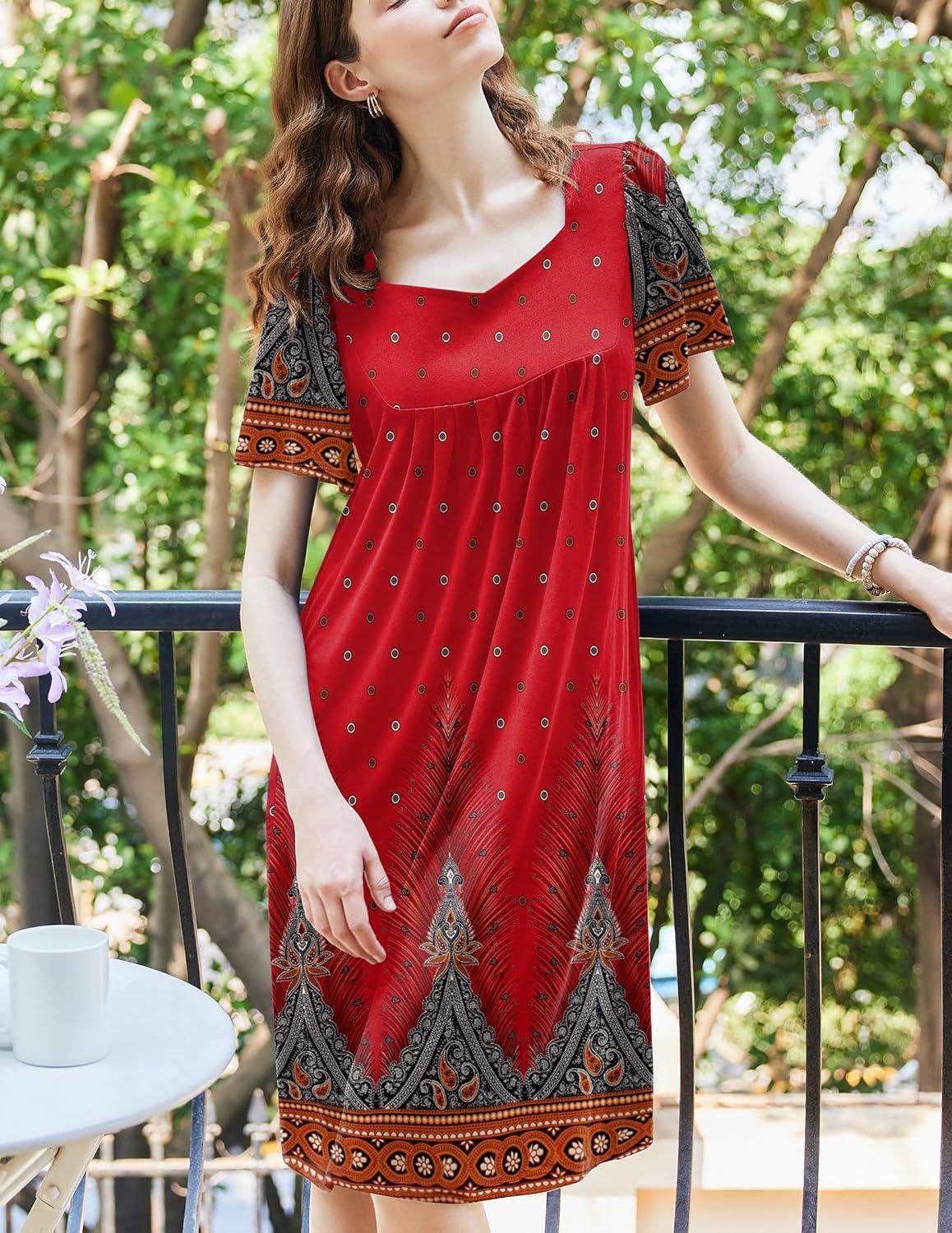 imageEkouaer Womens House Dress Pleated Nightgown with Short Sleeves amp PocketsRed Peacock Feathers